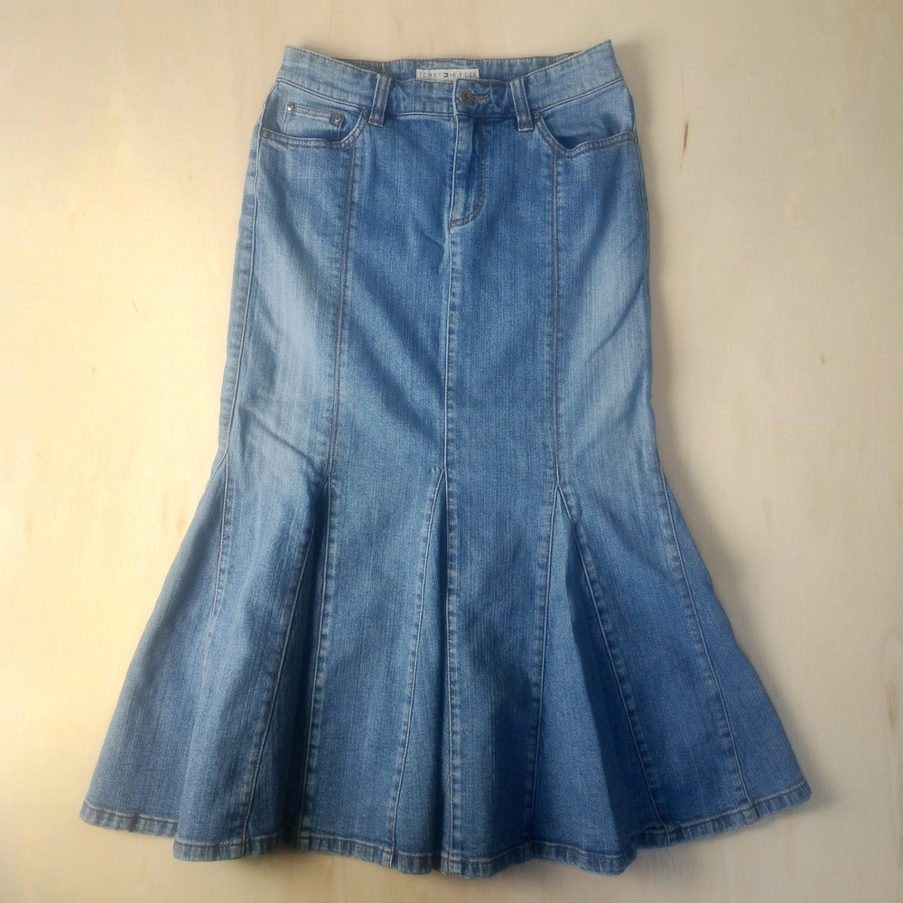 Tommy Hilfiger Denim Maxi Skirt Women's 8 Blue Flared Pleated Boho Western Y2K